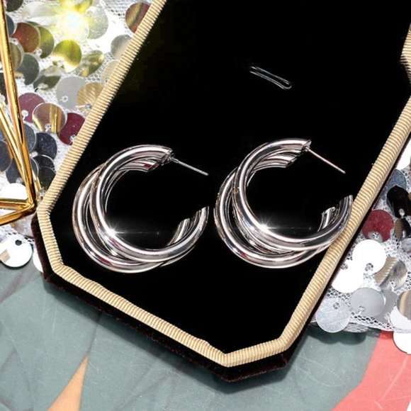 NEW 1.25'' 925 Silver Triple Hoop Earrings - Picture 2 of 4